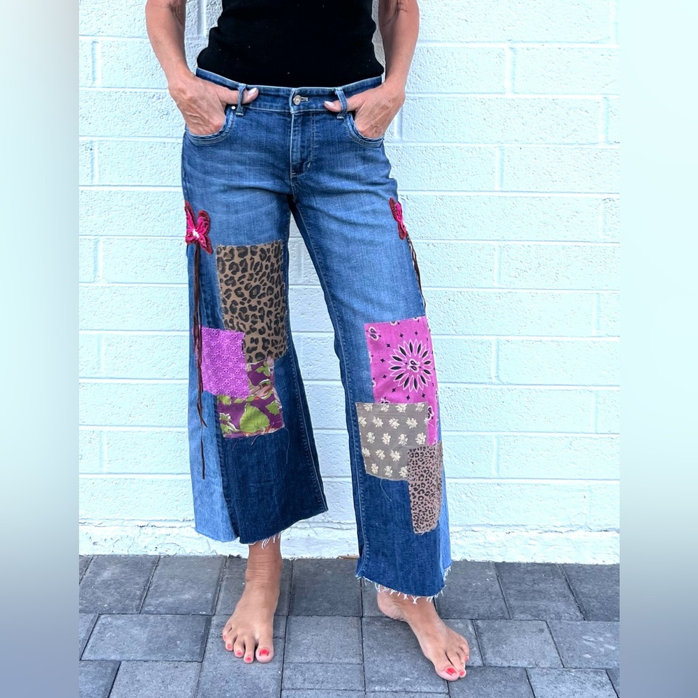 Upcycled wide leg mid rise jeans with patchwork and butterfly embellishments - Picture 1 of 9